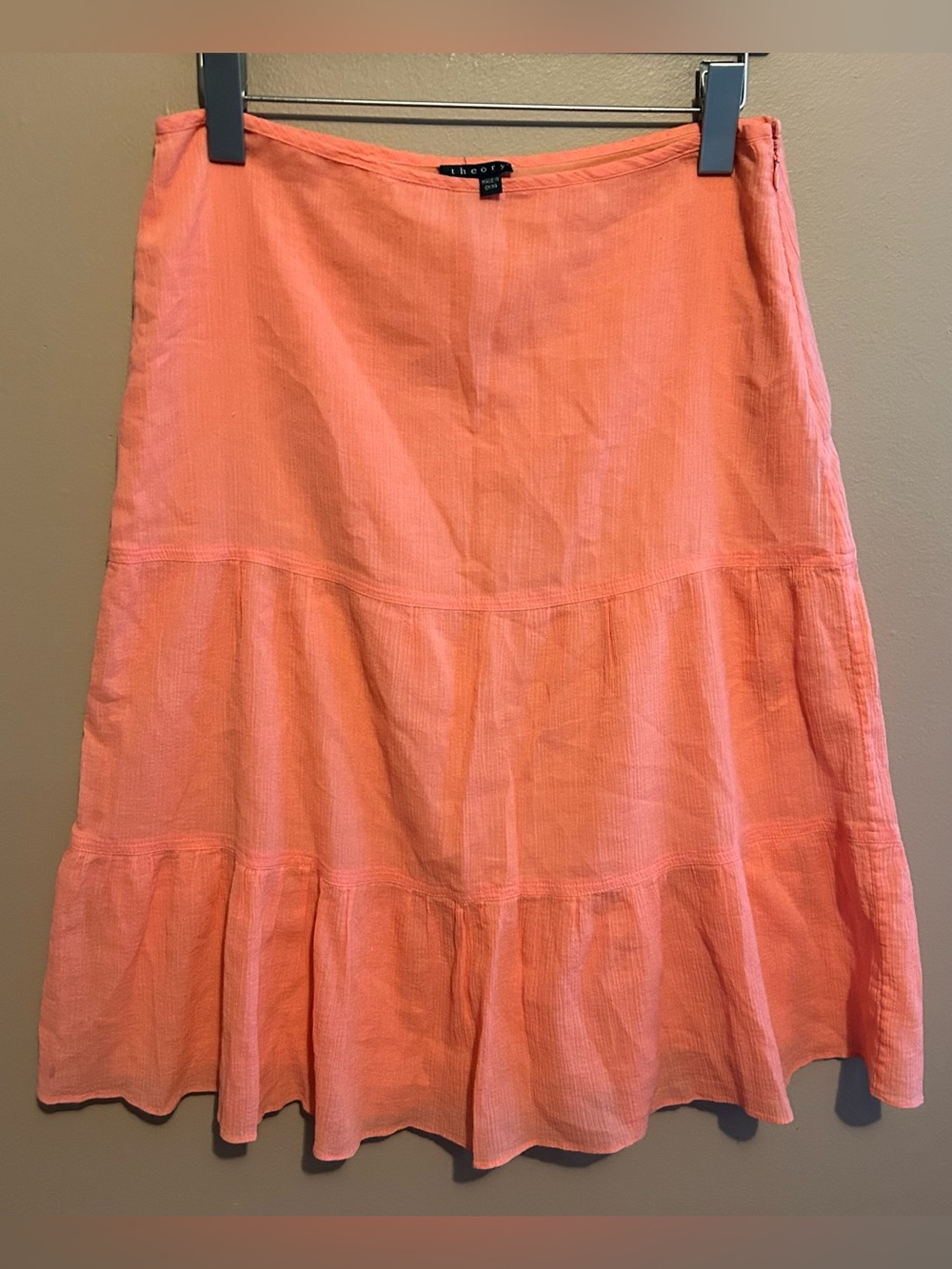 Theory Ellen Coral Pink Tiered Midi Skirt Silk Lined Women’s Size 4